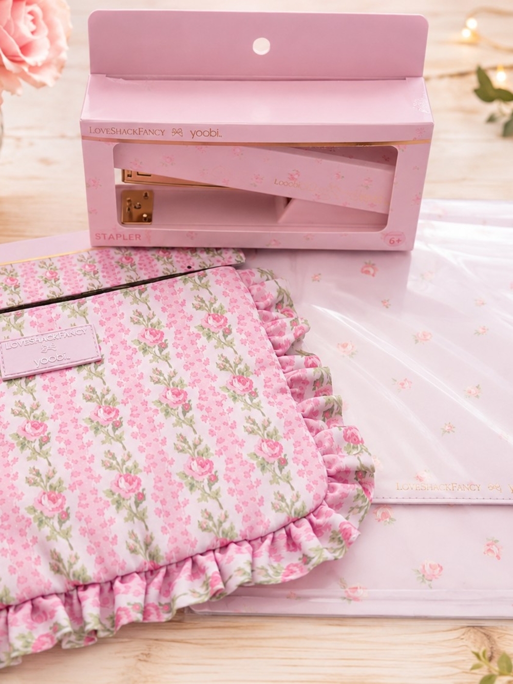LoveShackFancy Pink Rose-Print Ruffled Pencil Case, Mouse Pad And Stapler